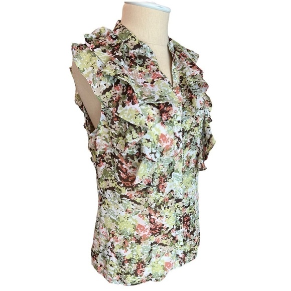Sunny Leigh Floral Green Coral White Button Down Flowy Chiffon Blouse in Medium - Picture 2 of 10